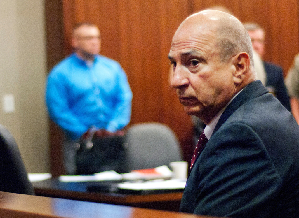 FILE - Coweta Judicial Circuit District Attorney Pete Skandalakis sits in Troup County Superior Court, Aug. 12, 2015, in LaGrange, Ga. (Tyler H. Jones/The Daily News via AP, File)