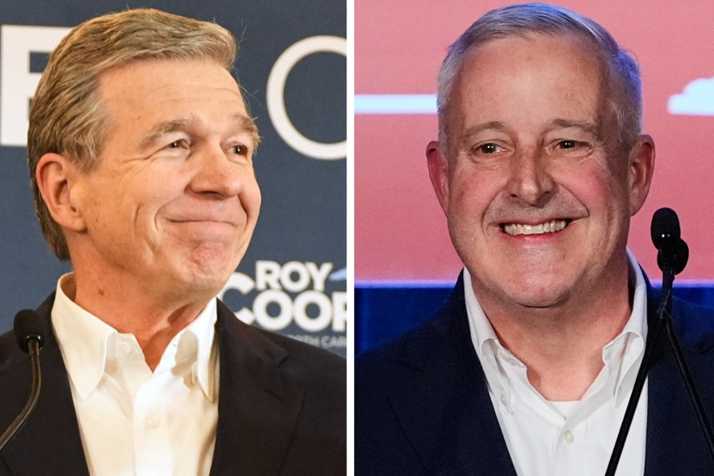 This combo image shows North Carolina Democratic Senate candidate former Gov. Roy Cooper, left, and Republican candidate former RNC Chairman Michael Whatley, both speaking at separate primary election night watch parties Tuesday, March 3, 2026, in Raleigh, N.C. (AP Photo/Matt Ramey, Erik Verduzco)