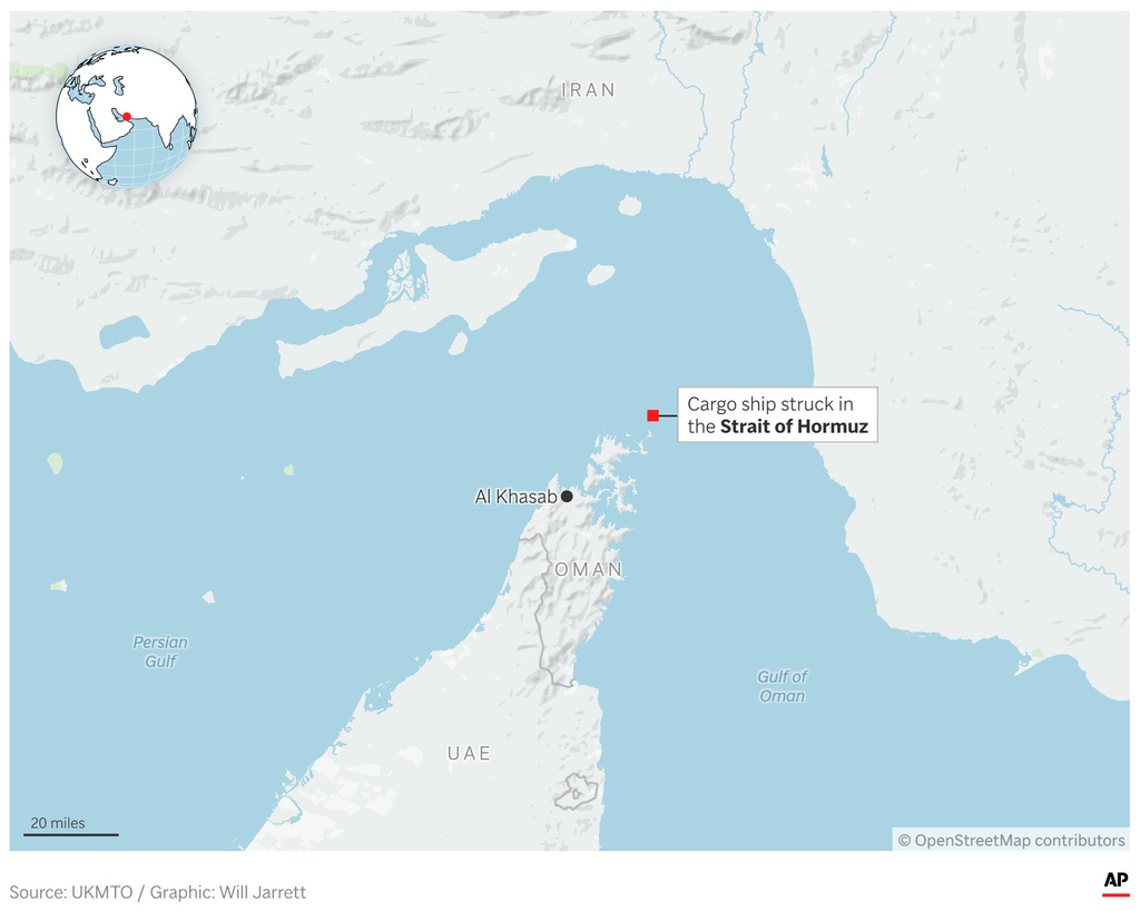 A map showing where a cargo ship was struck in the Strait of Hormuz. (AP Digital Embed)