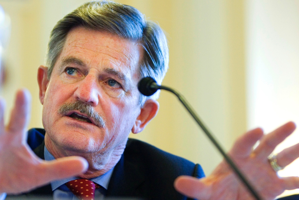 FILE - Veterans Affairs Secretary James Nicholson testifies on Capitol Hill in Washington, Sept. 18, 2007, before the House Veterans Affairs Committee hearing on the state of the Veterans Affairs Department. (AP Photo/Manuel Balce Ceneta, file)