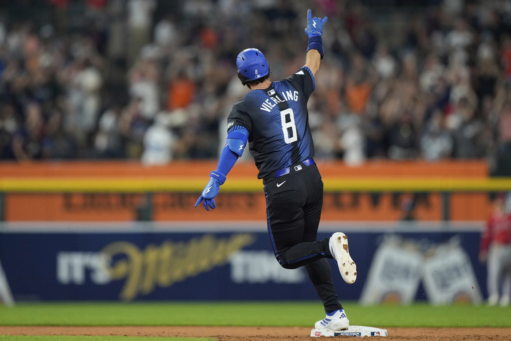 Detroit Tigers' Matt Vierling runs the bases after hitting a go-ahead three-run home run during the eighth inning of a baseball game against the Los Angeles Angels, Friday, Aug. 8, 2025, in Detroit. (AP Photo/Ryan Sun)