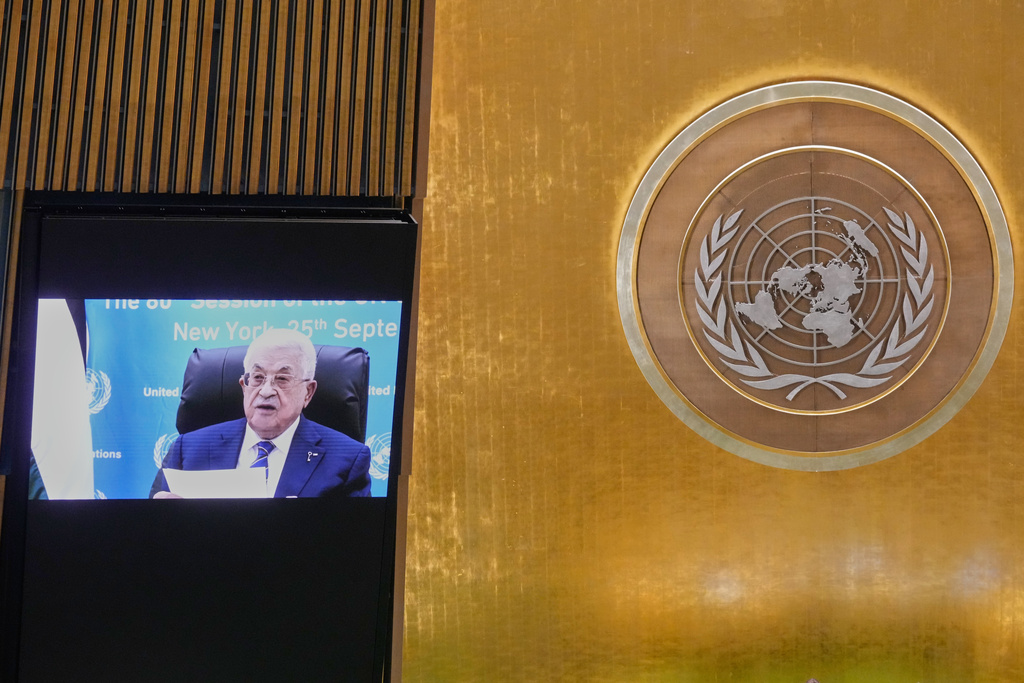 Palestinian President Mahmoud Abbas addresses the 80th session of the United Nations General Assembly via video, Thursday, Sept. 25, 2025. (AP Photo/Richard Drew)