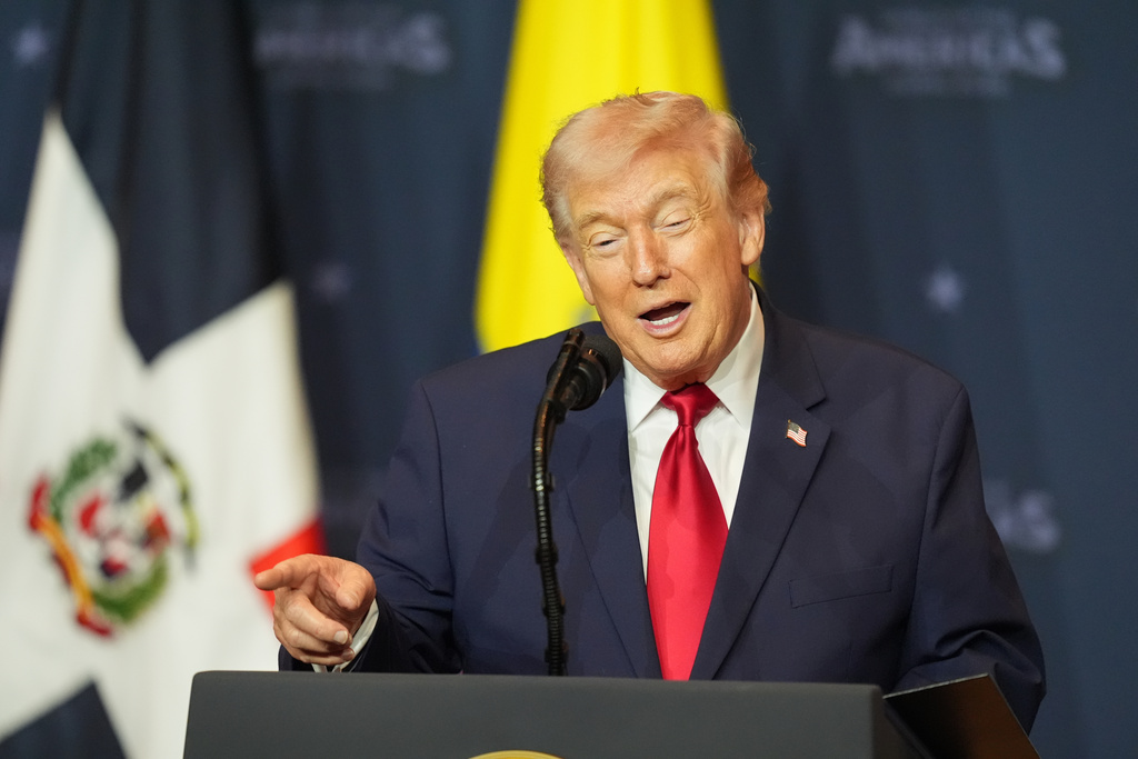 President Donald Trump speaks at the Shield of the Americas Summit, Saturday, March 7, 2026, at Trump National Doral Miami in Doral, Fla. (AP Photo/Rebecca Blackwell)