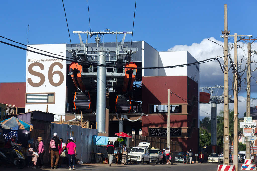 Cable cars at a station during testing in Antananarivo, Madagascar, Sunday, April 6, 2025. (AP Photo/Alexander Joe)