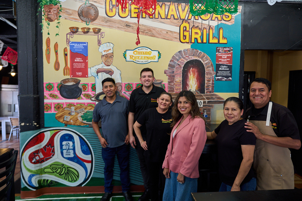 Owners and staff of Cuernavaca Grill, from left to right, Jacob Jimenez, Gustavo Arellano, Erendida Arreyano, Nayomie Mendoza, Maria Luisa Mendoza, and Marco Mendoza pose for a photo in Los Angeles, Tuesday, April 28, 2026. (AP Photo/Damian Dovarganes)