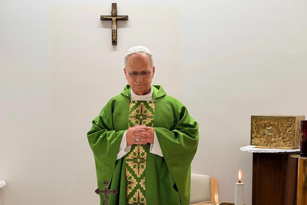 This picture, released by Vatican Media on Friday, Oct. 16, 2026, shows Pope Leo XIV celebrating Mass at the Agostino Gemelli Polyclinic in Rome, where he is recovering after having cancer removed from his right lung. (Vatican Media via AP)