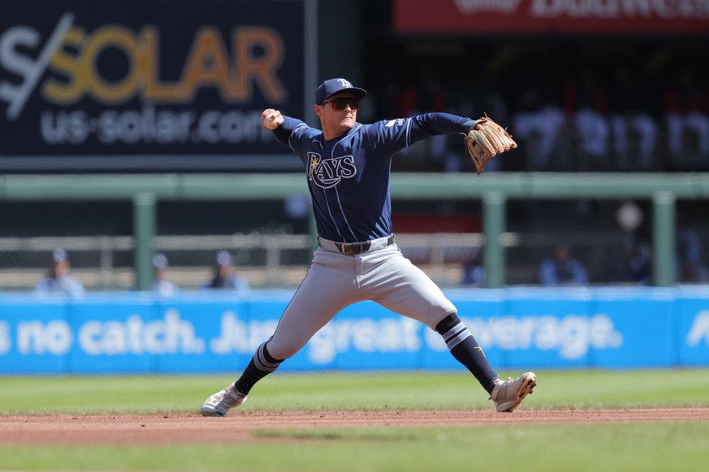 Tampa Bay Rays shortstop Ben Williamson throws out Minnesota Twins' Luke Keaschall during the first inning of a baseball game Sunday, April 5, 2026, in Minneapolis. (AP Photo/Bailey Hillesheim)
