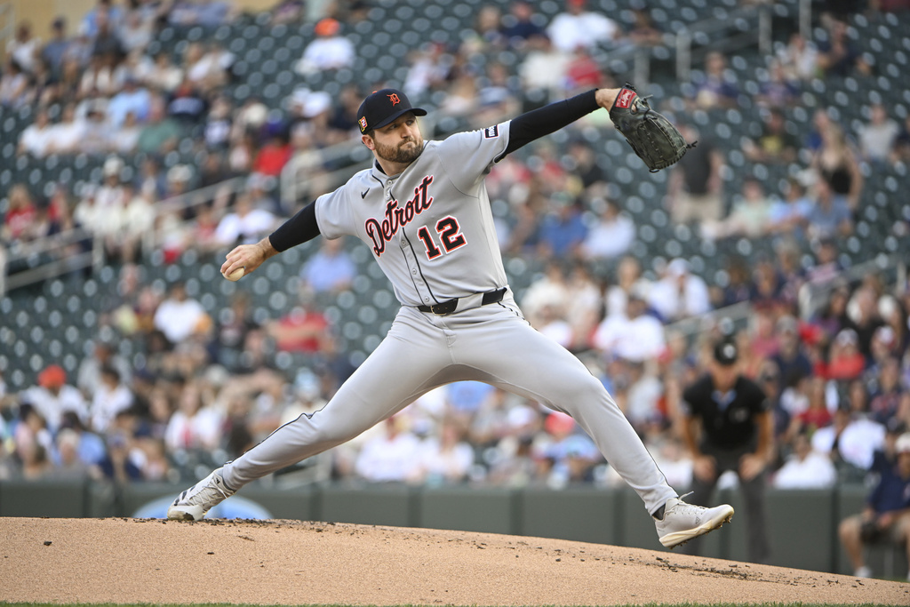 Detroit Tigers pitcher Casey Mize throws against the Minnesota Twins during the first inning of a baseball game Saturday, Aug. 16, 2025, in Minneapolis. (AP Photo/Craig Lassig)