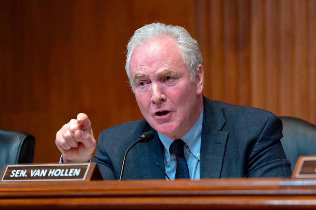 Sen. Chris Van Hollen, D-Md., speaks during the Senate Subcommittee on Commerce, Justice, Science, and Related Agencies hearing on Fiscal Year 2027 Budget Request for the FBI, the Drug Enforcement Administration; the United States Marshals Service and the Bureau of Alcohol, Tobacco, Firearms and Explosives the on Capitol Hill, Tuesday May 12, 2026, in Washington. (AP Photo/Jose Luis Magana)