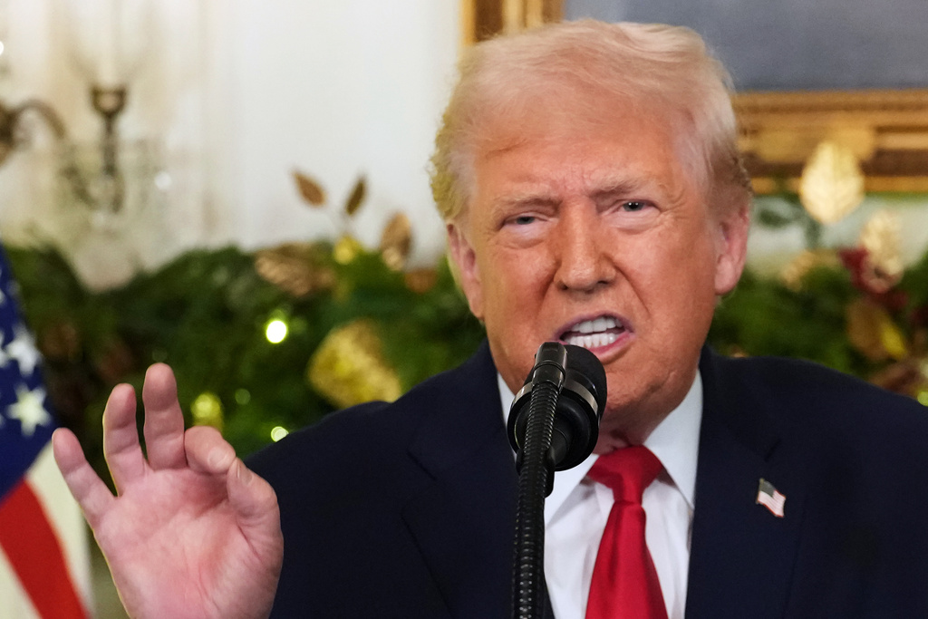 President Donald Trump speaks during an address to the nation from the Diplomatic Reception Room at the White House, Wednesday, Dec. 17, 2025, in Washington. (Doug Mills/The New York Times via AP, Pool)