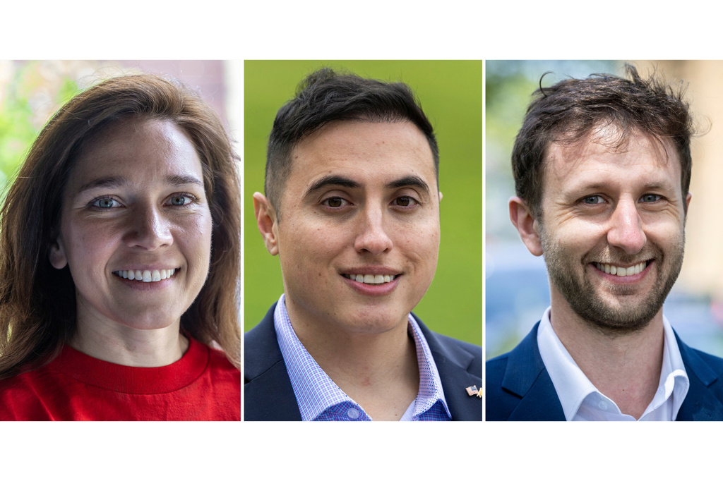 FILE - This photo combination shows Democrat candidates for New Jersey's 7th Congressional District, from left, Rebecca Bennett, May 30, 2026, in Flemington, N.J., Brian Varela, May 30, 2026, in Sparta, N.J. and Michael Roth, May 31, 2026, in Rahway, N.J. (AP Photo/Stefan Jeremiah)