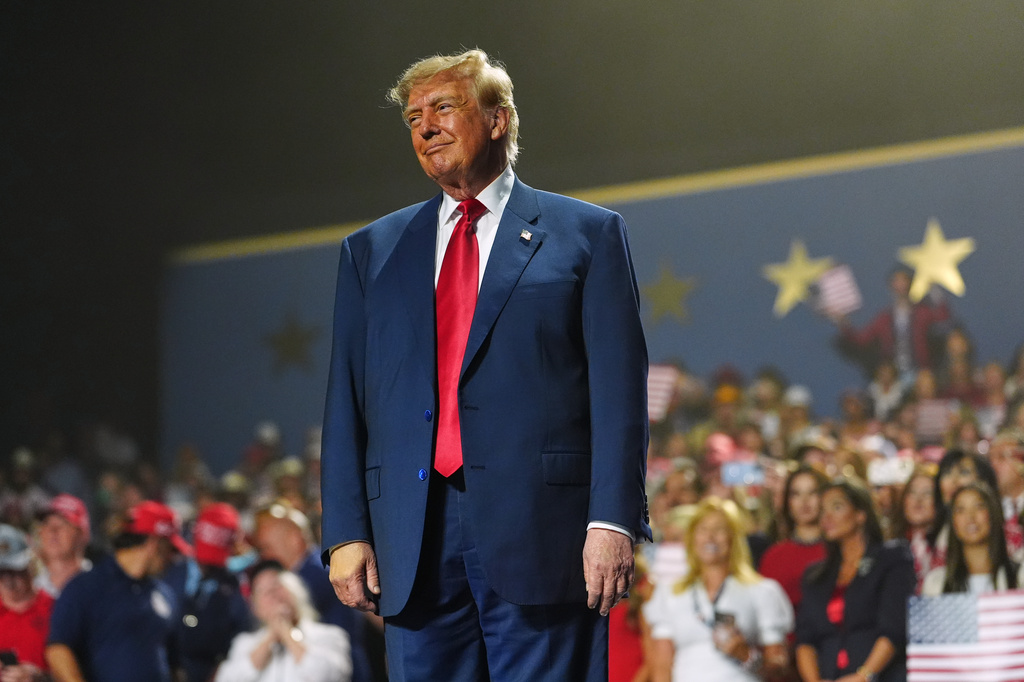 President Donald Trump stands on stage at the Republican convention, Thursday, Sept. 10, 2026, in Dallas. (AP Photo/Julia Demaree Nikhinson)
