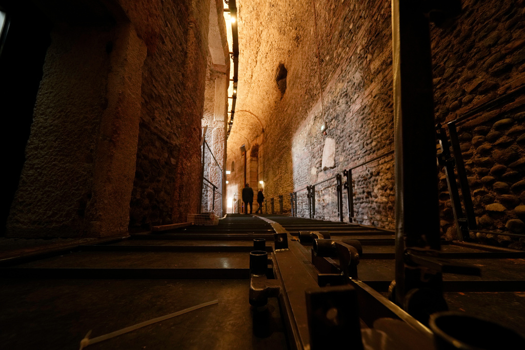 Walkways for disabled access are under construction in one of the corridors at the Arena of Verona, Italy, Wednesday, Dec. 10, 2025. (AP Photo/Luca Bruno)