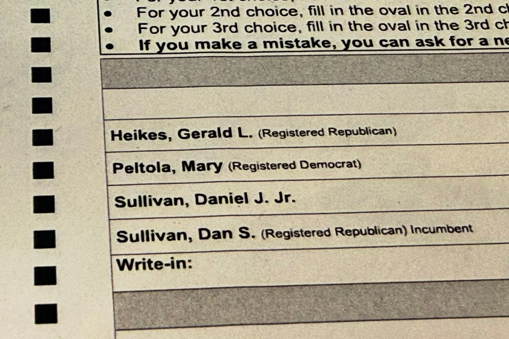 A sample election ballot is displayed in Anchorage, Alaska, on Friday, Oct. 23, 2026. (AP Photo/Haven Daley)