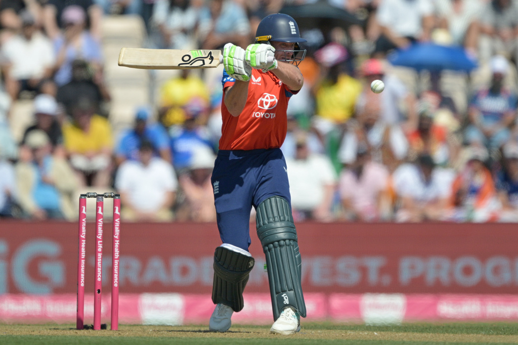 England's Jos Butler plays a shot during the international T20 Cricket match between England and India In Southampton, England, Saturday, July 11, 2026. (AP Photo/Anthony Upton)
