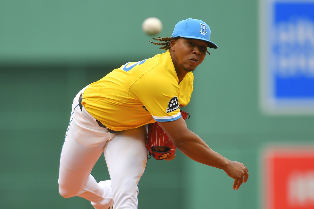 Boston Red Sox's Brayan Bello delivers a pitch to a Detroit Tigers batter in the first inning of a baseball game, Saturday, April 18, 2026, in Boston. (AP Photo/Steven Senne)