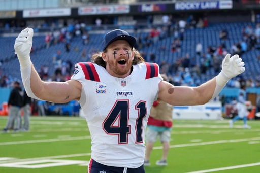 New England Patriots safety Brenden Schooler (41) celebrates following an NFL football game against the Tennessee Titans, Sunday, Oct. 19, 2025, in Nashville, Tenn. (AP Photo/George Walker IV) New England Patriots safety Brenden Schooler (41) celebrates following an NFL football game against the Tennessee Titans, Sunday, Oct. 19, 2025, in Nashville, Tenn. (AP Photo/George Walker IV)