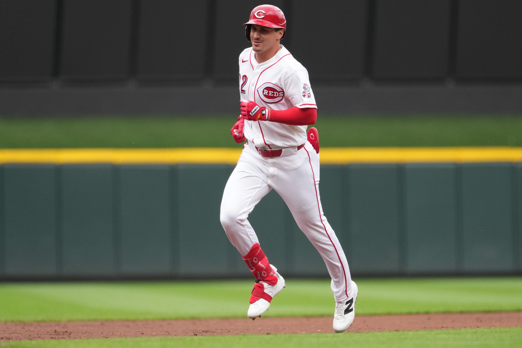 Cincinnati Reds' JJ Bleday rounds the bases after hitting a solo home run during the first inning of a baseball game against the Kansas City Royals, Monday, June 1, 2026, in Cincinnati. (AP Photo/Kareem Elgazzar)