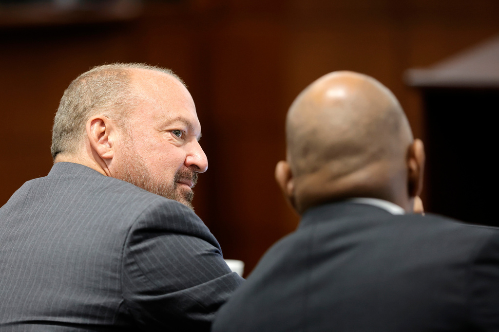 Chief Deputy District Attorneys Marc DiGiacomo, left, and Binu Palal confer during the third day of jury selection in the Duane Davis murder trial, related to the 1996 killing of rapper Tupac Shakur, at Clark County District Court Regional Justice Center on Wednesday, Aug. 12, 2026, in Las Vegas. (Steve Marcus/Las Vegas Sun via AP, Pool)
