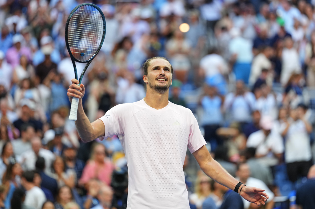 Alexander Zverev, of Germany, celebrates winning a match against Karen Khachanov, of Russia, during the men's singles semifinals of the U.S. Open tennis championships, Friday, Sept. 11, 2026, in New York. (AP Photo/Kirsty Wigglesworth)
