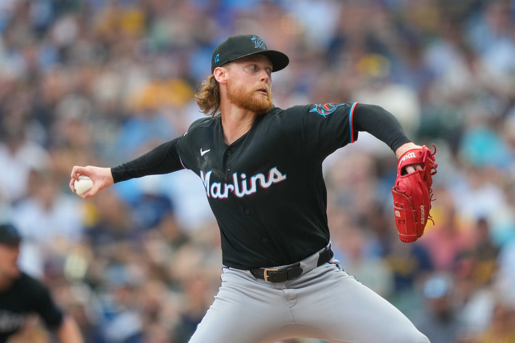 Miami Marlins pitcher Max Meyer throws during the second inning of a baseball game against the Milwaukee Brewers, Saturday, July 18, 2026, in Milwaukee. (AP Photo/Kayla Wolf)