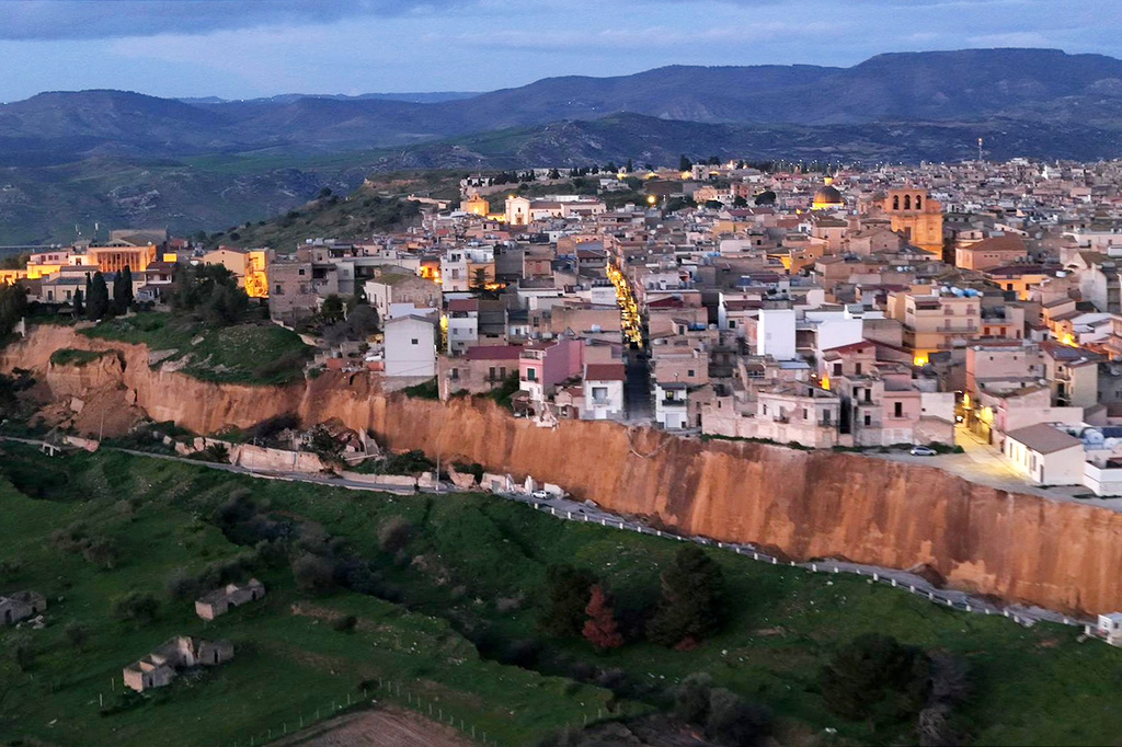 Aerial view of the village of Niscemi near the Sicilian town of Caltanissetta, southern Italy, Tuesday, Jan. 27, 2026, where severe storms provoked a landslide, and some 1,500 people had to be evacuated from their homes. (Alberto Lo Bianco/LaPresse via AP)