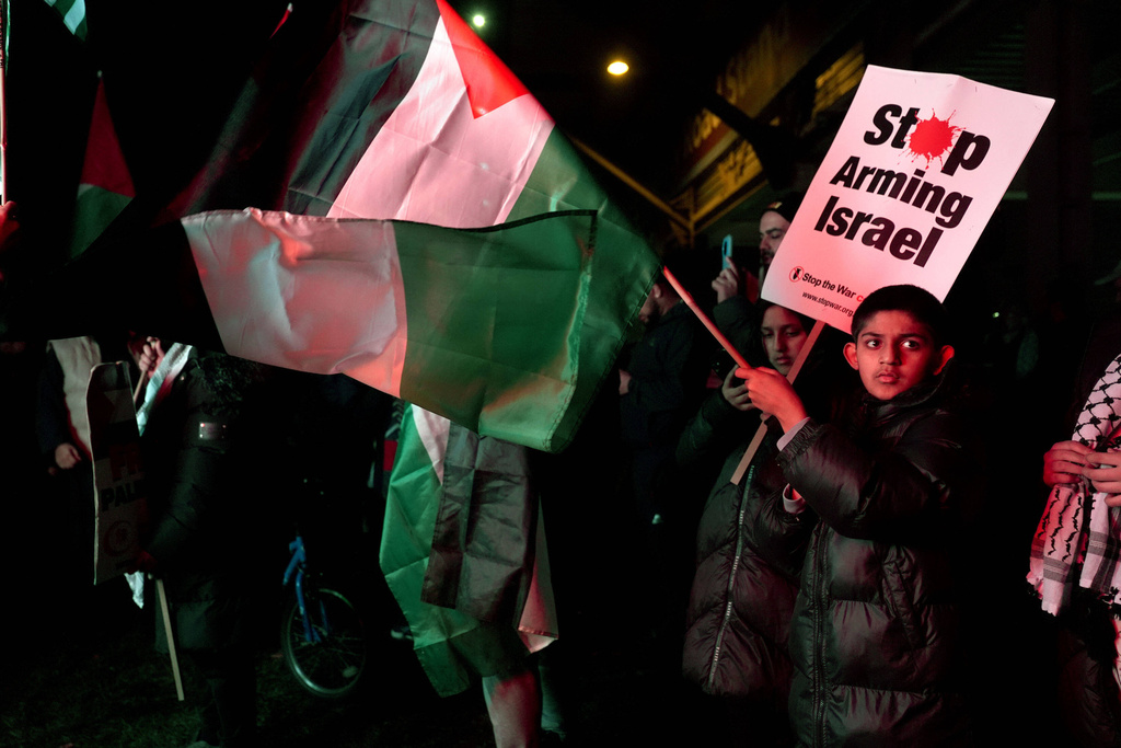 Pro Palestinian campaigners protest outside Villa Park, ahead of the Europa League soccer match between Aston Villa and Maccabi Tel Aviv in Birmingham, England, Thursday, Nov. 6, 2025. (Joe Giddens/PA via AP)