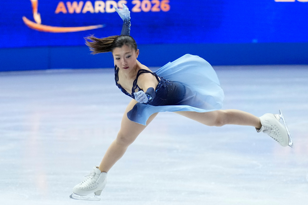 Kaori Sakamoto from Japan skates during the women¥s short program at the Figure Skating World Championships in Prague, Czech Republic, Wednesday, March 25, 2026. (AP Photo/Petr David Josek)