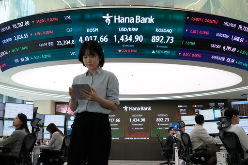 Currency traders works near a screen showing the Korea Composite Stock Price Index (KOSPI), top center left, and the foreign exchange rate between U.S. dollar and South Korean won, top center, at the foreign exchange dealing room of the Hana Bank headquarters in Seoul, South Korea, Monday, Oct. 27, 2025. (AP Photo/Ahn Young-joon) Currency traders works near a screen showing the Korea Composite Stock Price Index (KOSPI), top center left, and the foreign exchange rate between U.S. dollar and South Korean won, top center, at the foreign exchange dealing room of the Hana Bank headquarters in Seoul, South Korea, Monday, Oct. 27, 2025. (AP Photo/Ahn Young-joon)