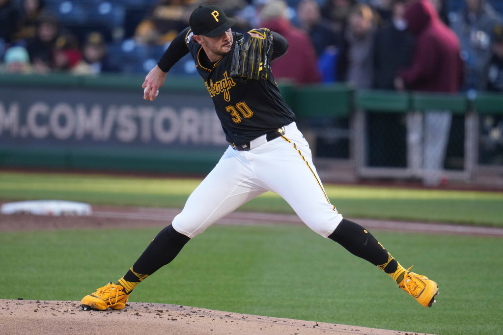 Pittsburgh Pirates pitcher Paul Skenes delivers during the first inning of a baseball game against the San Diego Padresin Pittsburgh, Tuesday, April 7, 2026. (AP Photo/Gene J. Puskar)