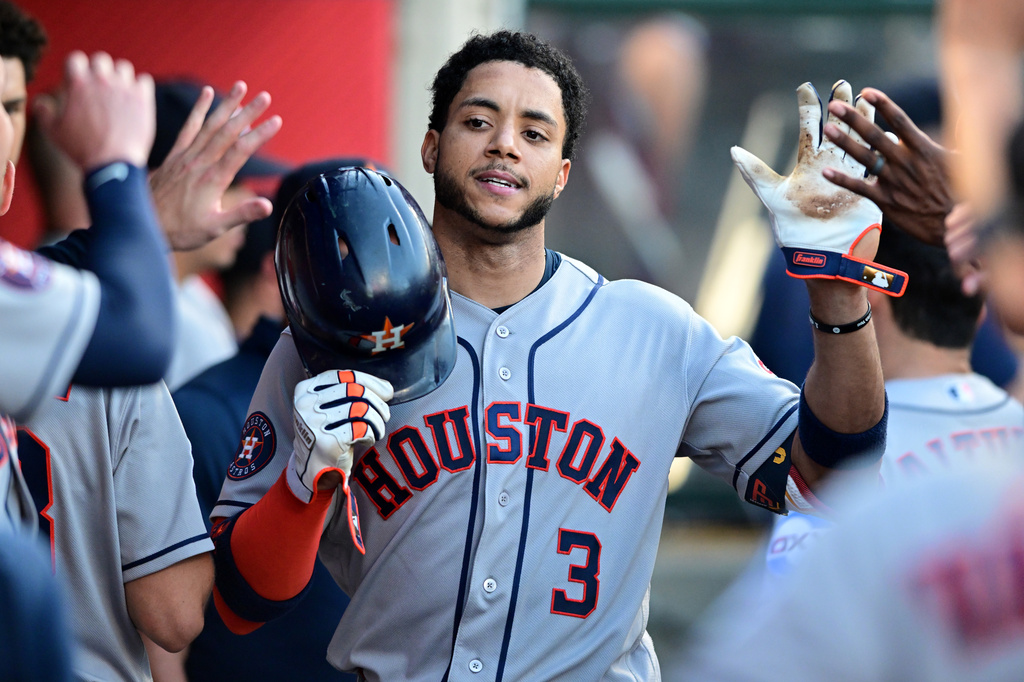 Houston Astros Jeremy Pena (3) celebrates after hitting solo home run against the Los Angeles Angels during the third inning of a baseball game Wednesday, July 29, 2026, in Anaheim, Calif. (AP Photo/Wally Skalij)