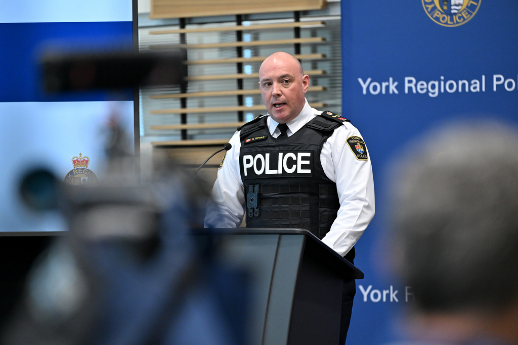 York regional police deputy chief Ryan Hogan speaks during a news conference to announce the results of 'Project South,' a lengthy investigation into organized crime and corruption at York regional police headquarters in Aurora, Ont. on Thursday, Feb. 5, 2026. (Jon Blacker /The Canadian Press via AP)