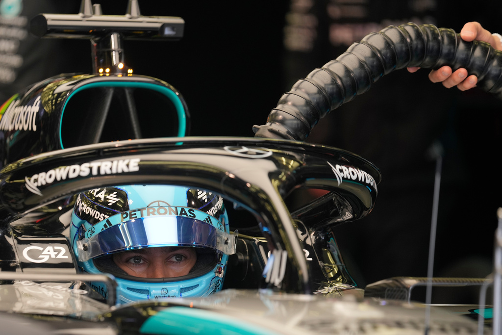 Mercedes driver George Russell of Britain waits in his car during a Formula One pre-season test at the Bahrain International Circuit in Sakhir, Bahrain, Wednesday, Feb. 11, 2026. (AP Photo/Altaf Qadri)