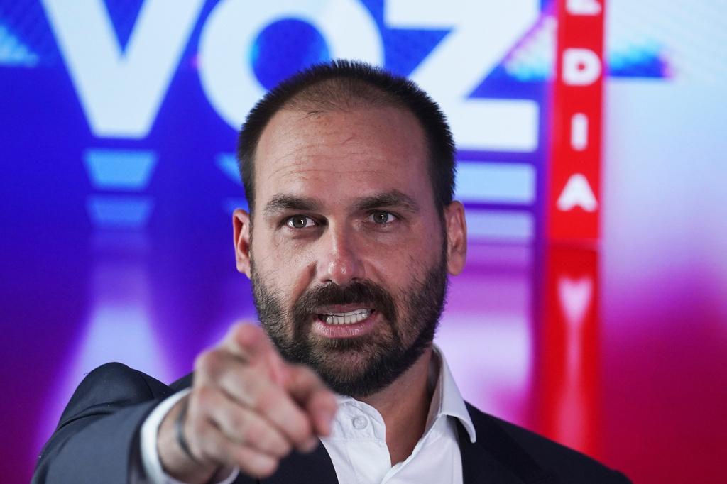 FILE - Eduardo Bolsonaro, a Brazilian lawmaker and son of President Jair Bolsonaro, speaks at a gathering of conservatives, in Mexico City, Friday, Nov. 18, 2022. (AP Photo/Marco Ugarte, File)
