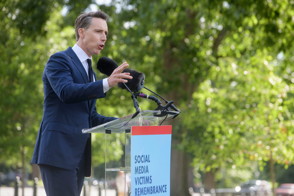Sen. Josh Hawley, R-Mo. speaks during a Social Media Victims Remembrance Day memorial on Capitol Hill, Tuesday, June 23, 2026, in Washington. (AP Photo/Rod Lamkey, Jr.)