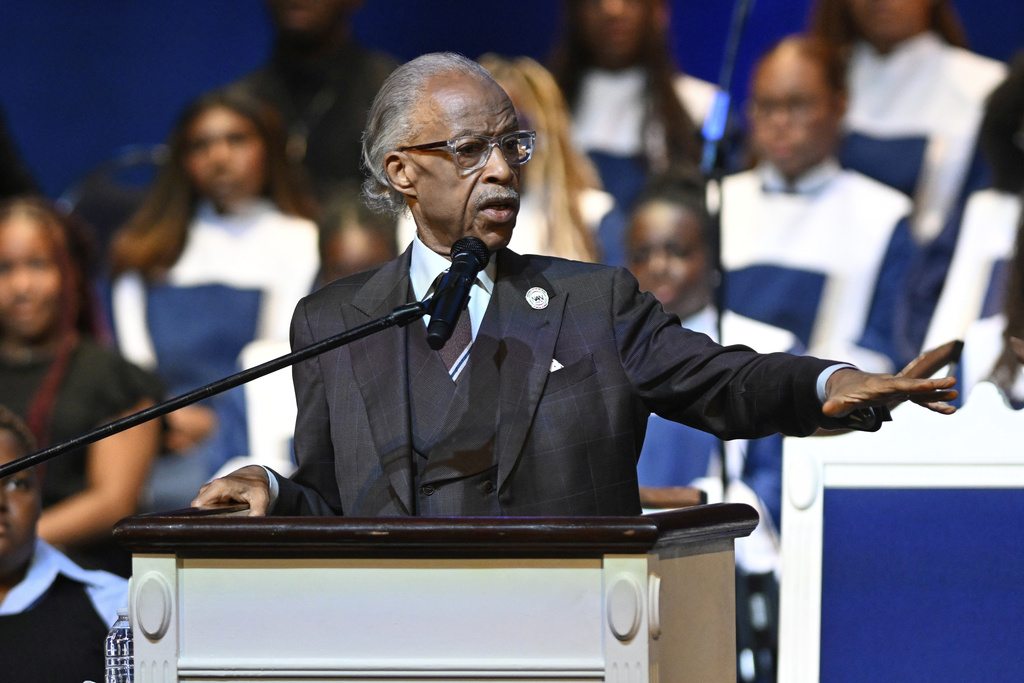Rev. Al Sharpton delivers a sermon at Howard University's Cramton Auditorium, Sunday, Aug. 24, 2025, in Washington, to announce a national drive in support of District of Columbia Mayor Muriel Bowser, as President Donald Trump's administration continues it's use of federal law enforcement and National Guard troops in the city. (AP Photo/John McDonnell)