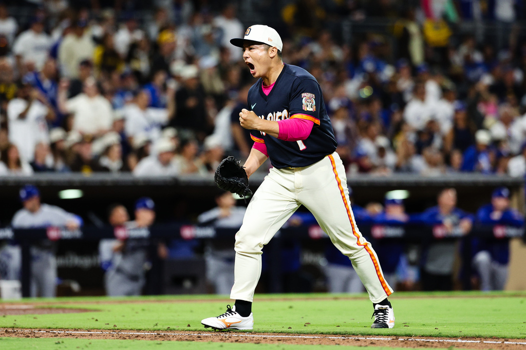 San Diego Padres' Yuki Matsui reacts after the final out of the sixth inning inning of a baseball game against the Los Angeles Dodgers Friday, June 26, 2026, in San Diego. (AP Photo/Derrick Tuskan)