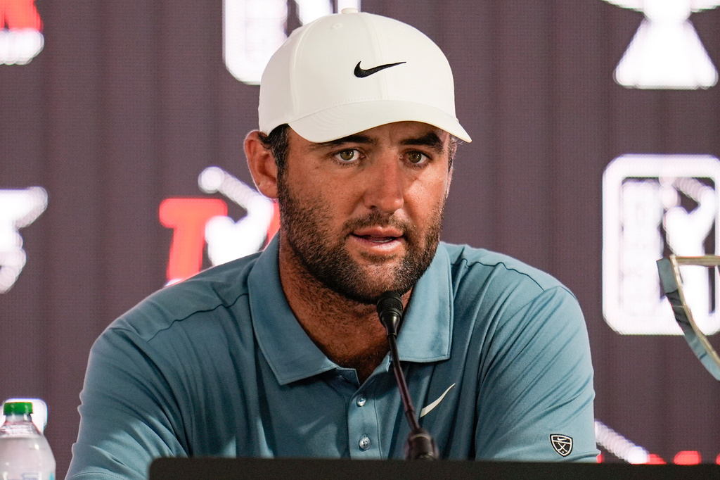 Scottie Scheffler speaks during a news conference after winning the final round of the PGA Tour Championship golf tournament, Sundday, Aug 30, 2026, in Atlanta.(AP Photo/Mike Stewart)
