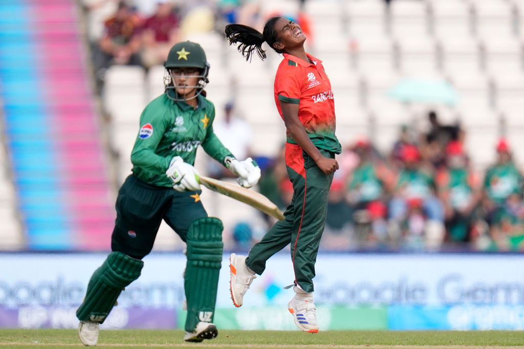 Marufa Akter of Bangladesh (right) reacts after bowling during the ICC Women's T20 World Cup match between Pakistan and Bangladesh, at the Hampshire Bowl, Southampton, England, Saturday June 20, 2026. (Andrew Matthews/PA via AP)