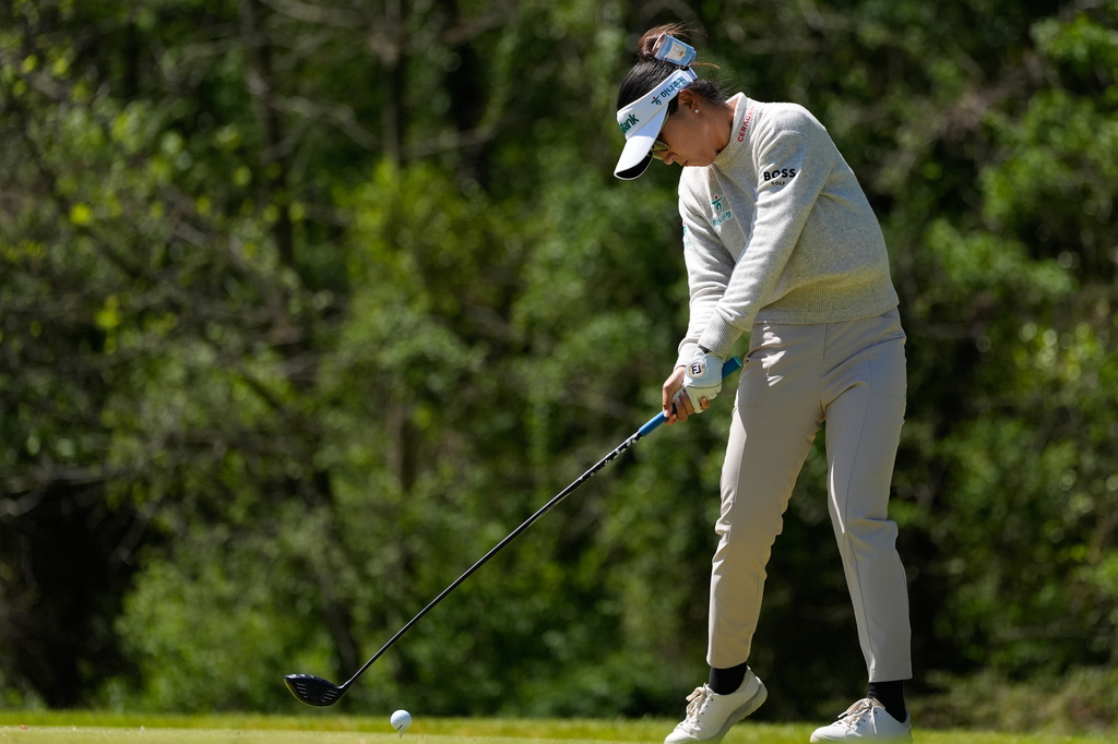 Lydia Ko, of New Zealand, hits off the 17th tee during the first round of the Mizuho Americas Open golf tournament, Thursday, May 7, 2026, in West Caldwell, N.J. (AP Photo/Seth Wenig)