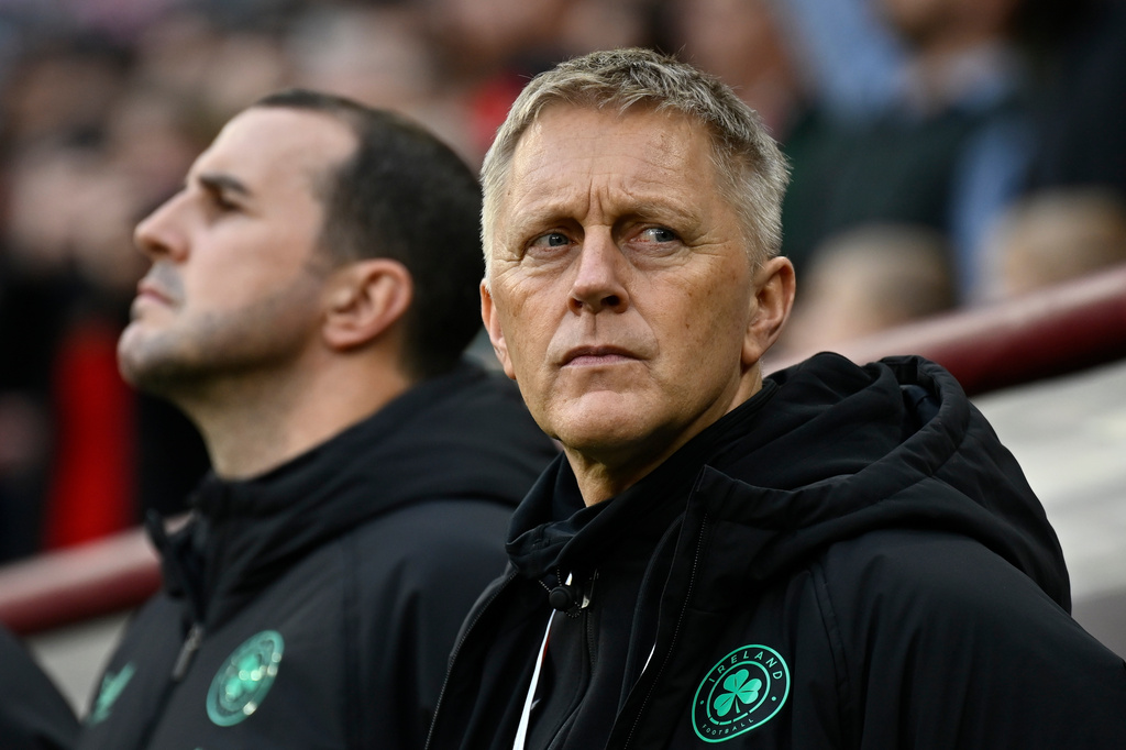 FILE - Ireland coach Heimir Hallgrimsson ahead of the World Cup 2026 group F qualifying soccer match between Hungary and Ireland in Budapest, Hungary, Nov. 16, 2025. (AP Photo/Denes Erdos, File)