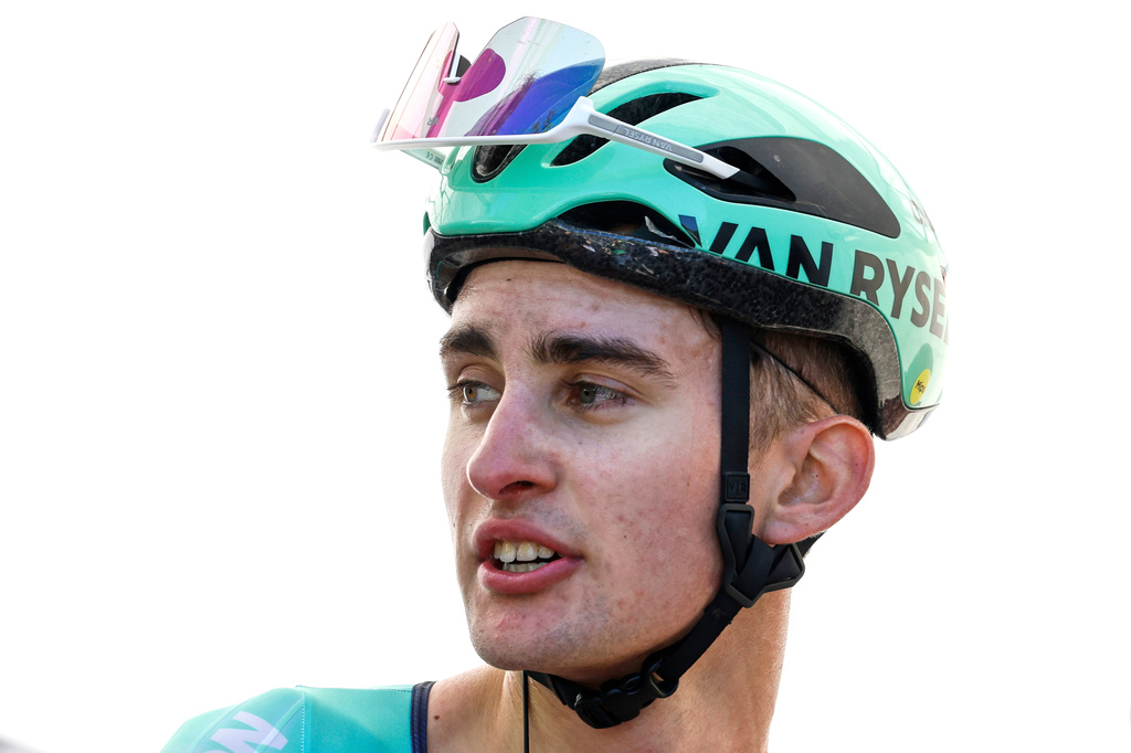 FILE - Paul Seixas of France catches his breath after crossing the finish line to win the Belgian cycling classic Fleche Wallonne (Walloon Arrow), in Huy, Belgium, on April 22, 2026. (AP Photo/Geert Vanden Wijngaert, File)