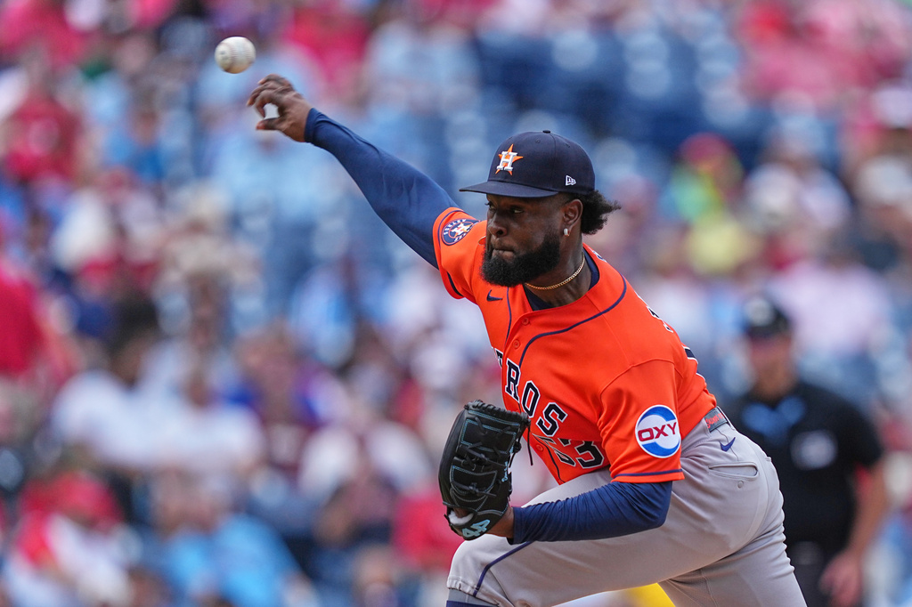 Houston Astros' Cristian Javier pitches during the third inning of a baseball game against the Philadelphia Phillies, Thursday, Sept. 10, 2026, in Philadelphia. (AP Photo/Matt Rourke)
