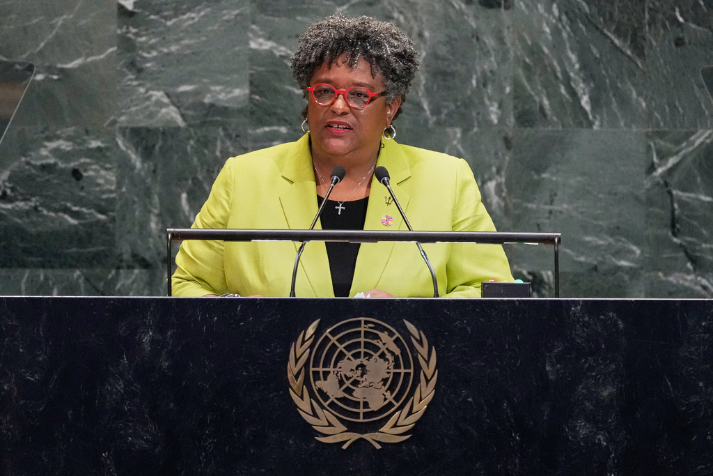 Barbados Prime Minister Mia Mottley addresses the 80th session of the United Nations General Assembly, Friday, Sept. 26, 2025. (AP Photo/Richard Drew)