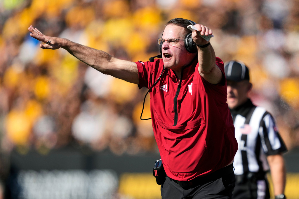 FILE - Indiana head coach Curt Cignetti reacts to a call during the first half of an NCAA college football game against Iowa, Saturday, Sept. 27, 2025, in Iowa City, Iowa. (AP Photo/Charlie Neibergall, File)