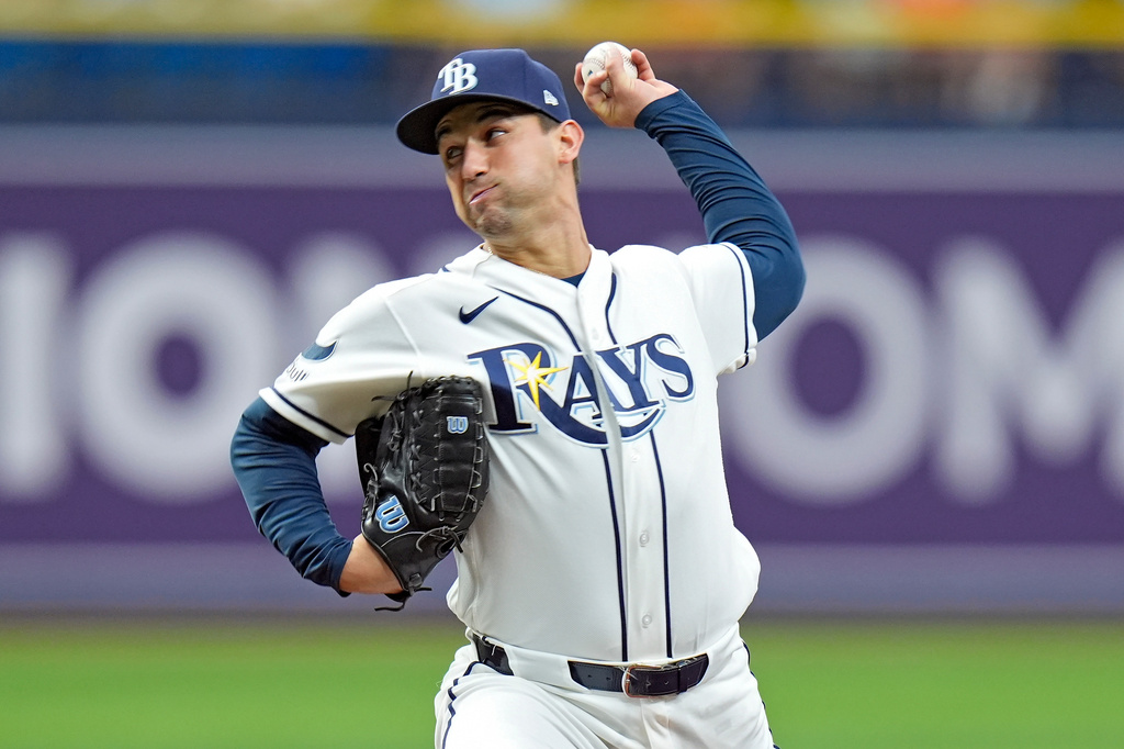 Tampa Bay Rays pitcher Ian Seymour delivers to the Boston Red Sox during the first inning of a baseball game Monday, June 8, 2026, in St. Petersburg, Fla. (AP Photo/Chris O'Meara)