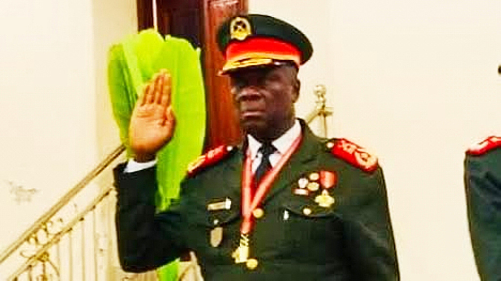 In this photo taken from video provided by TGB Guinea-Bissau, Guinea-Bissau's new junta leader Gen. Horta Inta-A, takes an oath of office in Bissau, Guinea-Bissau, Thursday, Nov. 27, 2025. (TGB Guinea-Bissau via AP)
