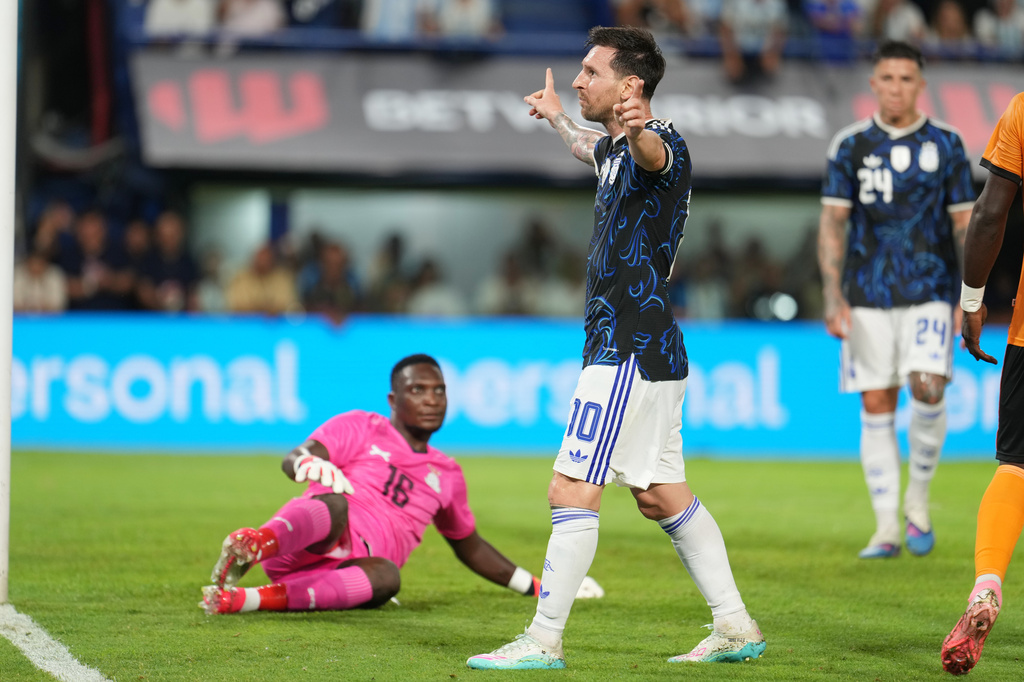 Argentina's Lionel Messi celebrates scoring his side's second goal against Zambia during a friendly soccer match in Buenos Aires, Argentina, Tuesday, March 31, 2026. (AP Photo/Rodrigo Abd)