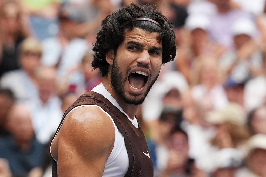 Carlos Alcaraz, of Spain, reacts during the third round of the U.S. Open tennis championships against Wu Yibing, of China, Friday, Sept. 4, 2026, in New York. (AP Photo/Kirsty Wigglesworth)
