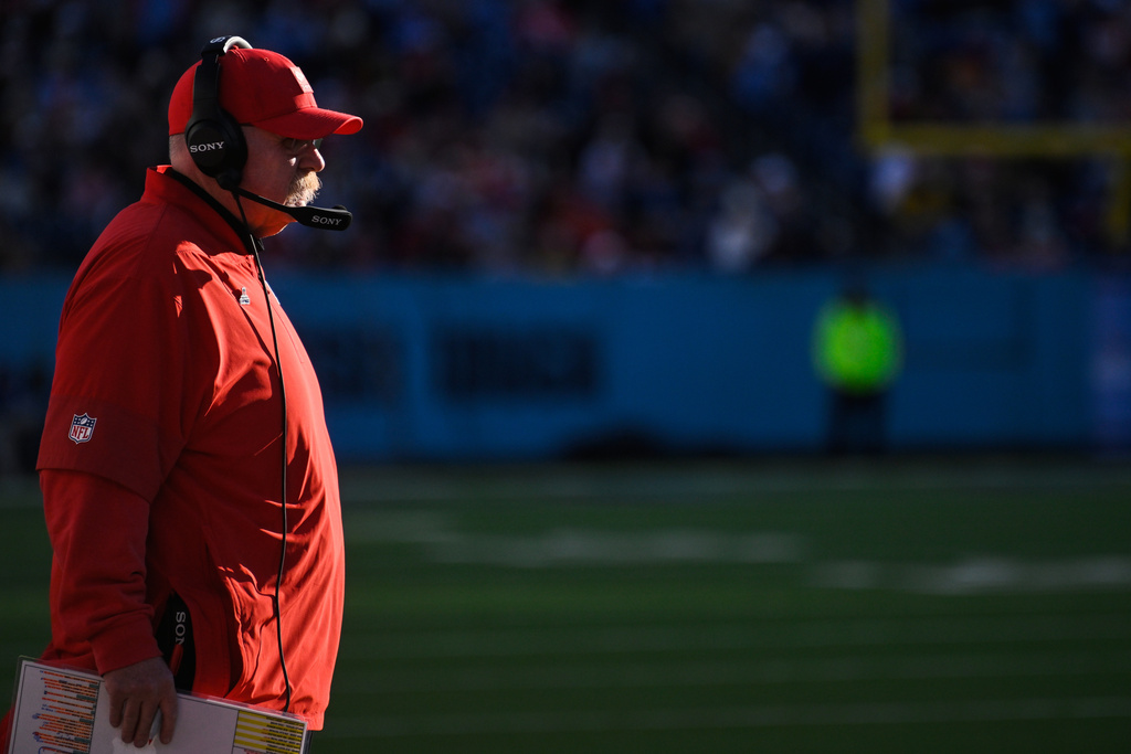 Kansas City Chiefs head coach Andy Reid watches during the second half of an NFL football game against the Tennessee Titans, Sunday, Dec. 21, 2025, in Nashville, Tenn. (AP Photo/John Amis)